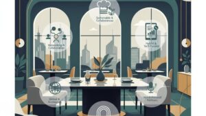 Современная иллюстрация для статьи о трендах организации корпоративных мероприятий в ресторанах.